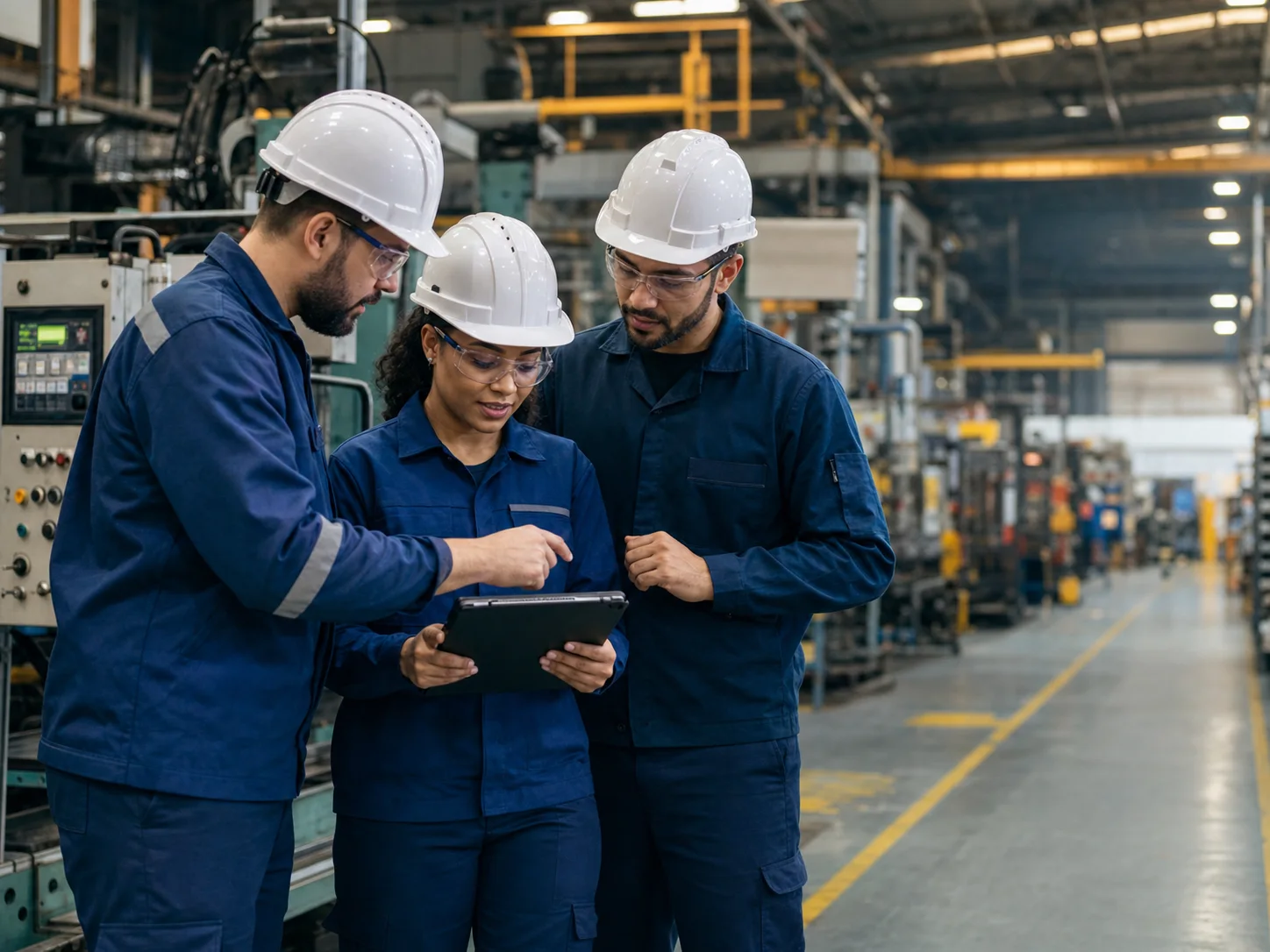 Equipe de engenharia discutindo melhorias no chão de fábrica